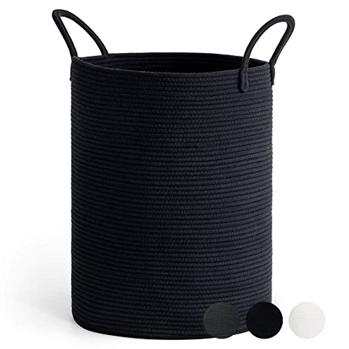 Goodpick Wäschekorb Geflochten Groß Laundry Basket Aufbewahrungskorb mit Henkel Kinderzimmer Seil Baumwollkorb Handtuchkorb für Badezimmer Wohnzimmer Korb für Decken Baby Spielzeug, 38x50cm, Schwarz von Goodpick