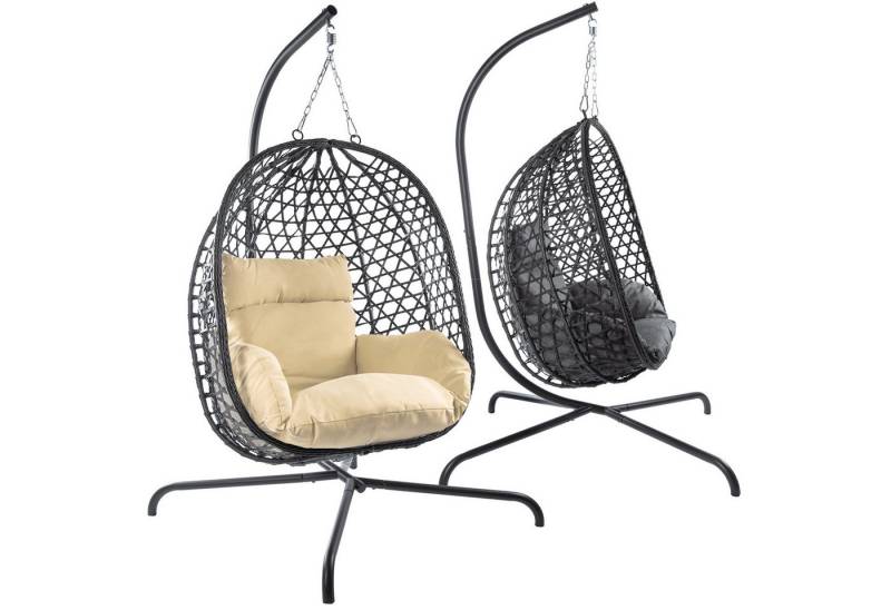 Goods+Gadgets Hängestuhl Polyrattan Hängestuhl mit Gestell und Kissen–Komfort für Innen & Außen (Hängekorb Sessel), Schwebeliege Rattan Outdoor & Indoor Relax Hängeliege von Goods+Gadgets