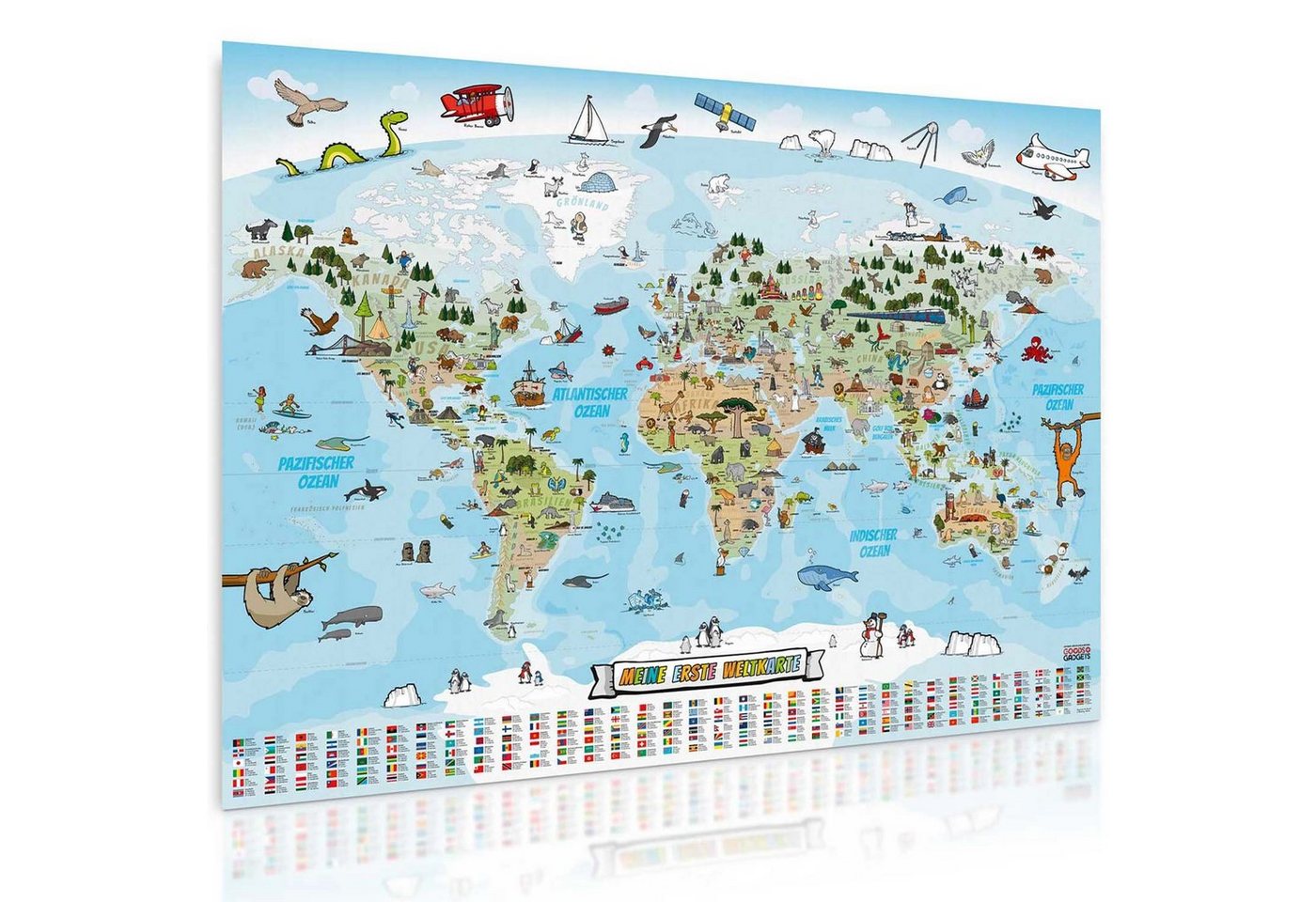 Goods+Gadgets Poster Panorama Kinder-Weltkarte, (XXL Kids-World-Map), Land-Karte Handgezeichnet & Laminiert von Goods+Gadgets