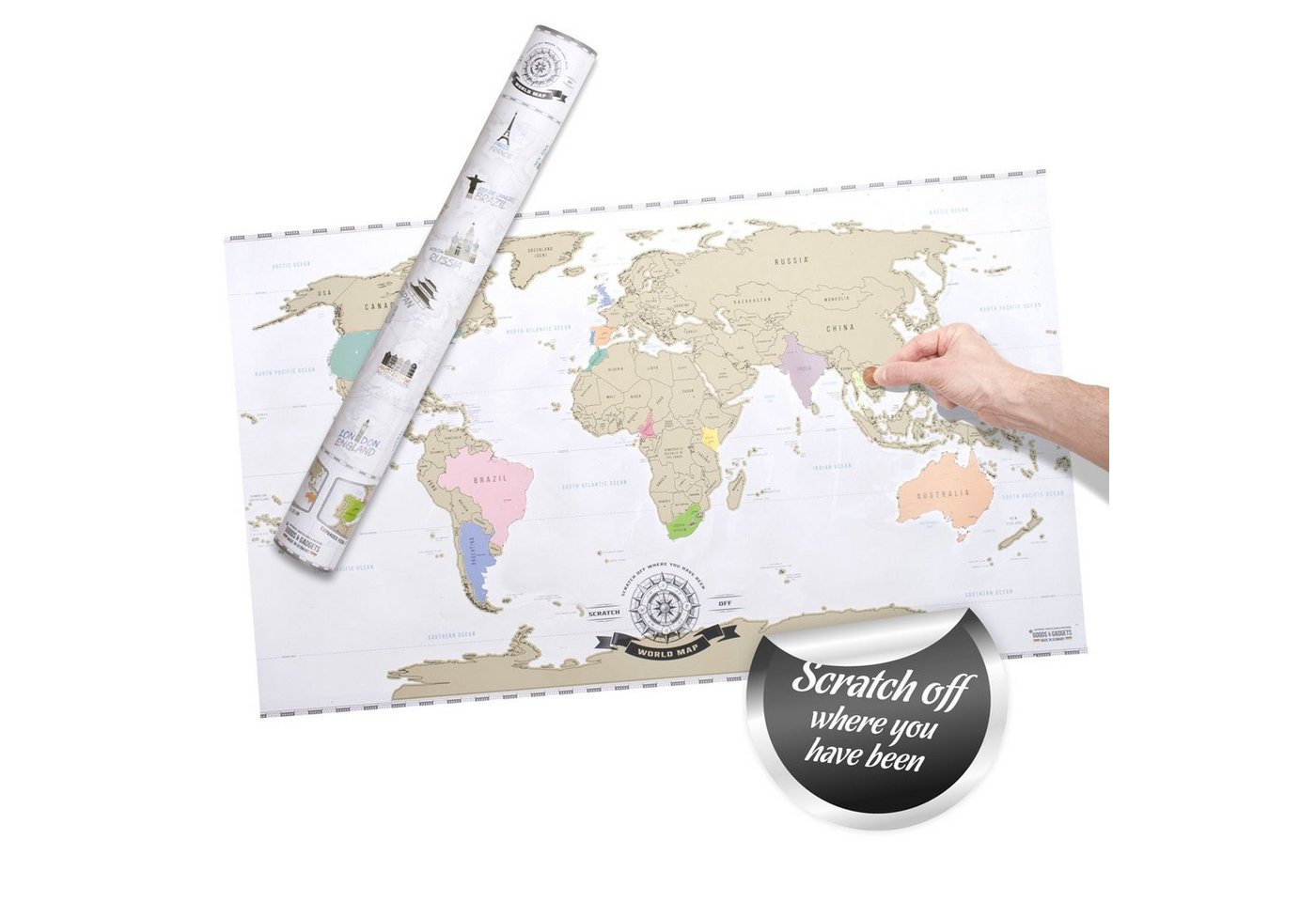 Goods+Gadgets Poster Scrape Off World Map Rubbelweltkarte, XXL Weltkarte - Englisch von Goods+Gadgets