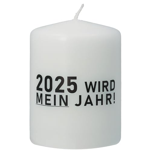 Goodtimes Stumpenkerze Weiß, Text "2025 WIRD MEIN JAHR" von Goodtimes