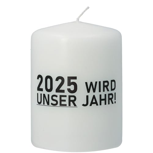 Goodtimes Stumpenkerze Weiß, Text "2025 WIRD UNSER JAHR" von Goodtimes