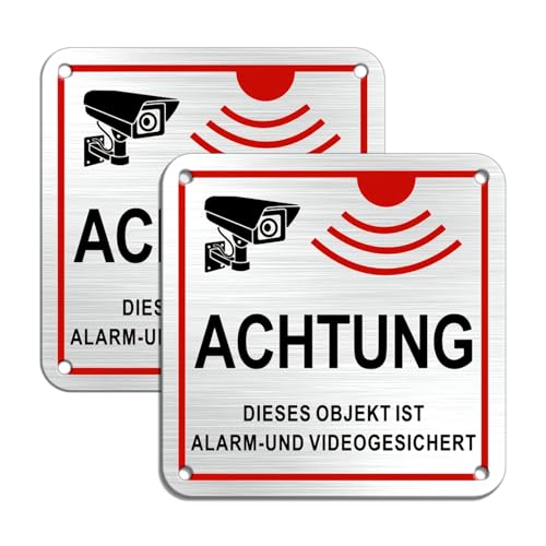 Goodvia Achtung Dieses Objekt ist Alarm und Videogesichert 10x10cm Alu, Schild Videoüberwachung Klein mit Selbstklebend und 4 vorgebohrten Löchern x2 von Goodvia