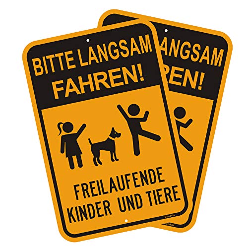 Goodvia Achtung Kinder Und Tiere Schild (45 * 30 cm Aluminium) - Warnschild Spielende Kinder - Bitte Langsam Fahren - Wetterbeständig, Wasserdicht, Haltbare Tinte, Einfach zu Montieren, 2 Stücke von Goodvia