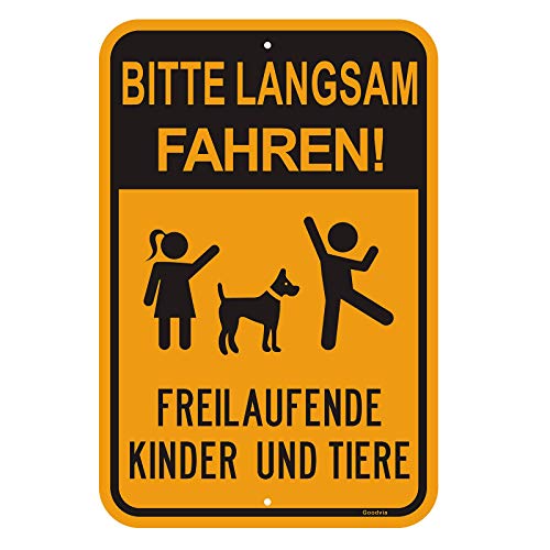 Goodvia Achtung Kinder Und Tiere Schild (45 * 30 cm Aluminium) - Warnschild Spielende Kinder - Bitte Langsam Fahren - Wetterbeständig, Wasserdicht, Haltbare Tinte, Einfach zu Montieren von Goodvia