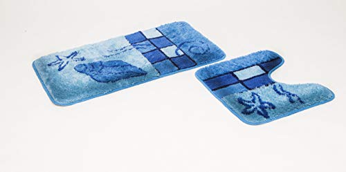 Goodway 2-teiliges Badematten Set Hamburg, blau mit Ausschnitt │ Rutschhemmend, waschmaschinenfest, geeignet für Fußbodenheizung von Goodway