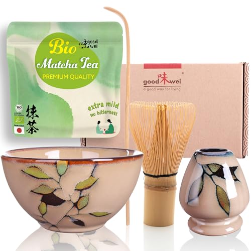 Goodwei BIO Matcha aus Japan im Matcha-Set komplett mit hochwertiger Matcha Schale aus Keramik, Matcha Besen und Besenhalter | Geschenkset für Teezeremonie (Bamboo) von Goodwei