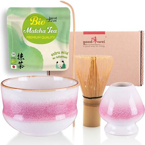 Goodwei BIO Matcha aus Japan im Matcha-Set komplett mit hochwertiger Matcha Schale aus Keramik, Matcha Besen und Besenhalter | Geschenkset für Teezeremonie (Kiku) von Goodwei