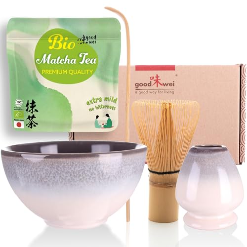Goodwei BIO Matcha aus Japan im Matcha-Set komplett mit hochwertiger Matcha Schale aus Keramik, Matcha Besen und Besenhalter | Geschenkset für Teezeremonie (Kiri) von Goodwei