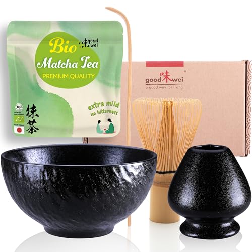 Goodwei BIO Matcha aus Japan im Matcha-Set komplett mit hochwertiger Matcha Schale aus Keramik, Matcha Besen und Besenhalter | Geschenkset für Teezeremonie (Rokku Kuro) von Goodwei