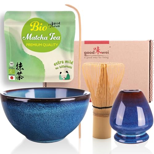 Goodwei BIO Matcha aus Japan im Matcha-Set komplett mit hochwertiger Matcha Schale aus Keramik, Matcha Besen und Besenhalter | Geschenkset für Teezeremonie (Safaia) von Goodwei