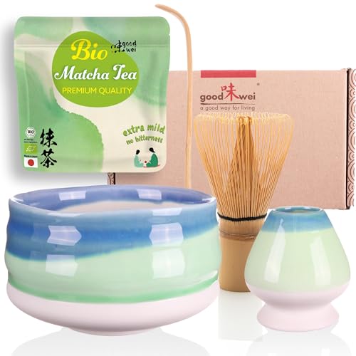 Goodwei BIO Matcha aus Japan im Matcha-Set komplett mit hochwertiger Matcha Schale aus Keramik, Matcha Besen und Besenhalter | Geschenkset für Teezeremonie (Sumi) von Goodwei