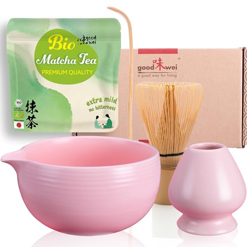 Goodwei BIO Matcha aus Japan im Matcha-Set komplett mit hochwertiger Matcha Schale mit Ausgießer, Matcha Besen und Besenhalter | Geschenkset für Teezeremonie (Camellia Pink) von Goodwei