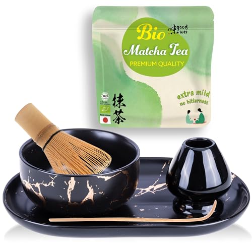 Goodwei BIO Matcha aus Japan im Matcha-Set komplett mit moderner Matcha Schale in edlem Marmor-Design, Matchabesen, Besenhalter und Serviertablett | Geschenkset für Teezeremonie (Schwarz/Gold) von Goodwei