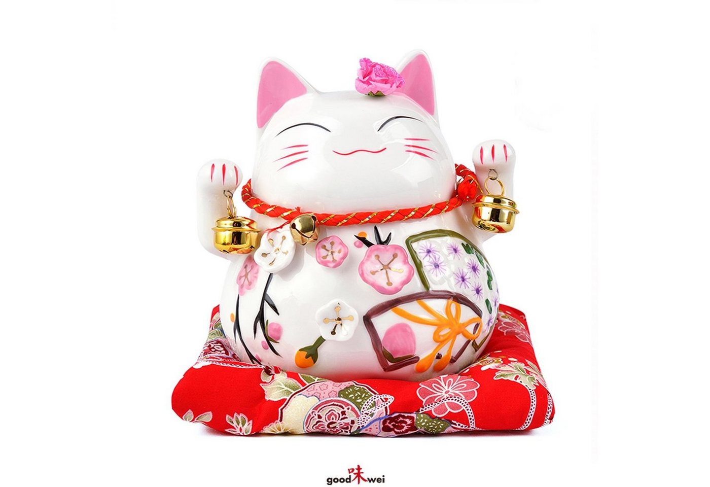 Goodwei Dekofigur Maneki-neko Spardose mit zwei Glocken (weiß, 12 cm) (1 St), Traditoneller japanischer Talisman, handbemalt, hochwertiges Porzellan von Goodwei