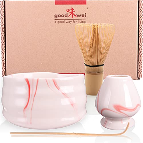 Goodwei Japanisches Matcha Komplett-Set mit hochwertiger Teeschale (Pink Marmor, 80) von Goodwei