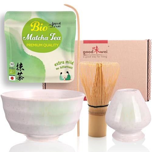 Goodwei Matcha Set mit Matcha Besen, Matcha Schale, Besenhalter aus Keramik und BIO Matcha Tee aus Japan | Geschenkset (Shiro) von Goodwei