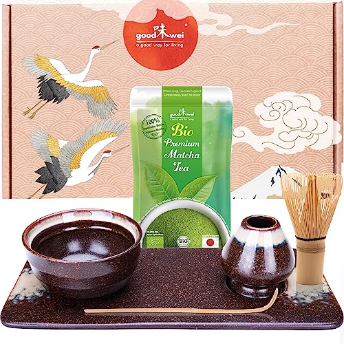 Goodwei Matcha Teezermonie-Set, 6-teilig mit Bio Matcha aus Japan, Schale, Besenhalter und Tee-Tablett im passenden Design, Keramik, 180 ml (Kumo) von Goodwei