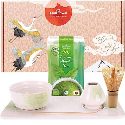 Goodwei Matcha Teezermonie-Set, 6-teilig mit Bio Matcha aus Japan, Schale, Besenhalter und Tee-Tablett im passenden Design, Keramik, 180 ml (Shiro) von Goodwei