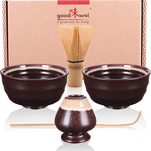 Goodwei Matcha Set DUO mit zwei Matcha Schalen und Besenhalter aus Keramik, Matchabesen und Bambuslöffel | Teezeremonie-Set für Zwei (Kumo) von Goodwei
