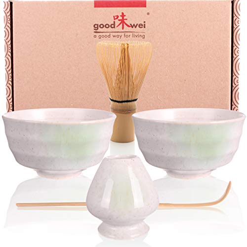 Goodwei Matcha-Set Duo mit Zwei Schalen und Besenhalter (Shiro), Keramik, 2X 180 ml von Goodwei