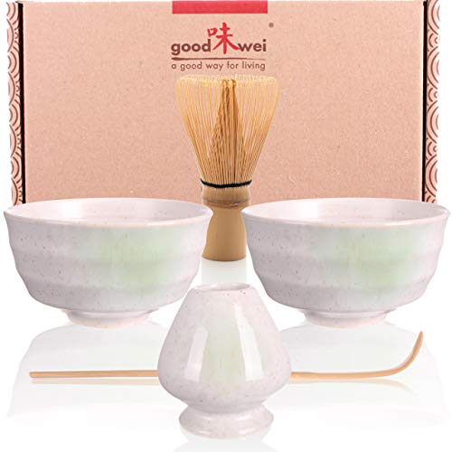 Goodwei Matcha Set DUO mit zwei Matcha Schalen und Besenhalter aus Keramik, Matchabesen und Bambuslöffel | Teezeremonie-Set für Zwei (Shiro) von Goodwei