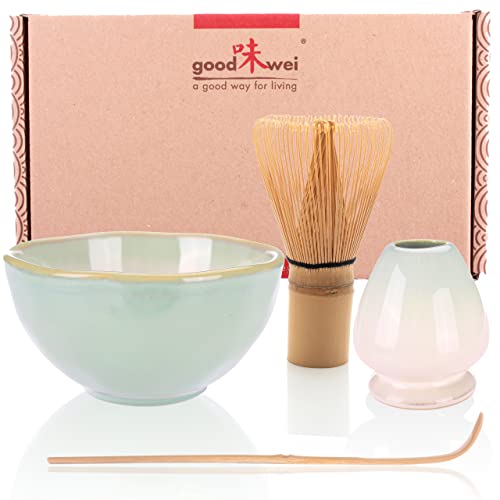 Goodwei Matcha Set komplett mit Matchabesen, Matcha Löffel und Matcha Schale aus Keramik mit Besenhalter im passenden Design | Kunstvoll gefertigte Teeschale Chawan (Hasunomi, 80) von Goodwei