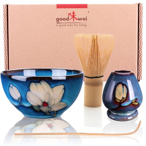 Goodwei Matcha Set komplett mit Matchabesen, Matcha Löffel und Matcha Schale aus Keramik mit Besenhalter im passenden Design | Kunstvoll gefertigte Teeschale Chawan (Magnolia, 80) von Goodwei