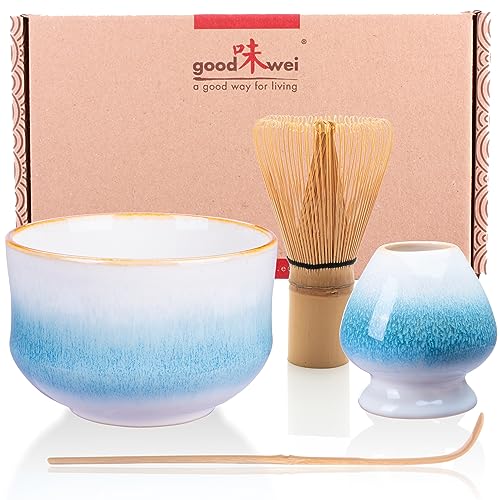 Goodwei Matcha Set komplett mit Matchabesen, Matcha Löffel und Matcha Schale aus Keramik mit Besenhalter im passenden Design | Kunstvoll gefertigte Teeschale Chawan (Rindō, 80) von Goodwei
