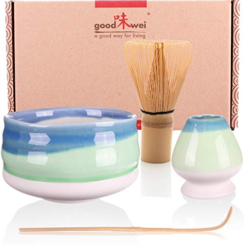 Goodwei Matcha Set komplett mit Matchabesen, Matcha Löffel und Matcha Schale aus Keramik mit Besenhalter im passenden Design | Kunstvoll gefertigte Zeremonieschale Chawan (Sumi, 120) von Goodwei