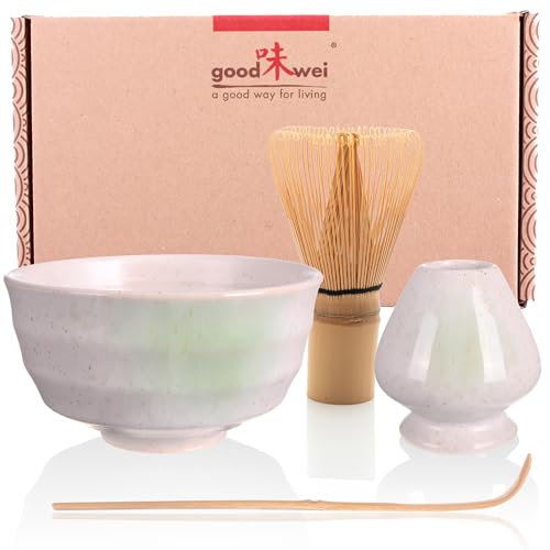 Goodwei Matcha Set mit Matcha Besen, Matcha Schale und Besenhalter aus Keramik | Geschenkset (Shiro) von Goodwei