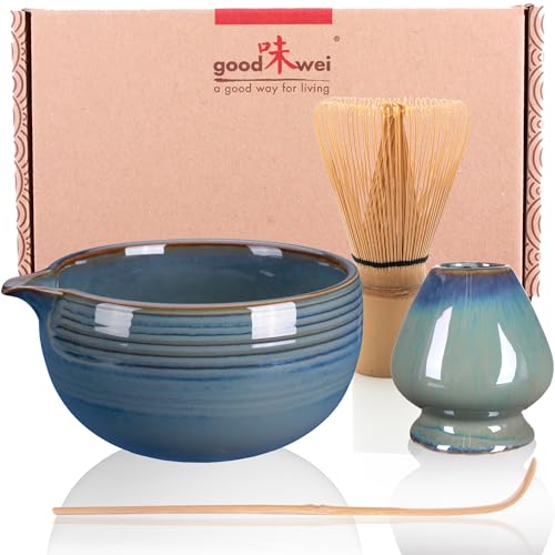 Goodwei Matcha Set mit Matcha Besen, Matchalöffel und Matcha Schale mit Besenhalter aus Keramik im passenden Design | Kunstvoll gefertigte Matchaschale Chawan mit Ausgießer | Geschenkset (Menouseki) von Goodwei