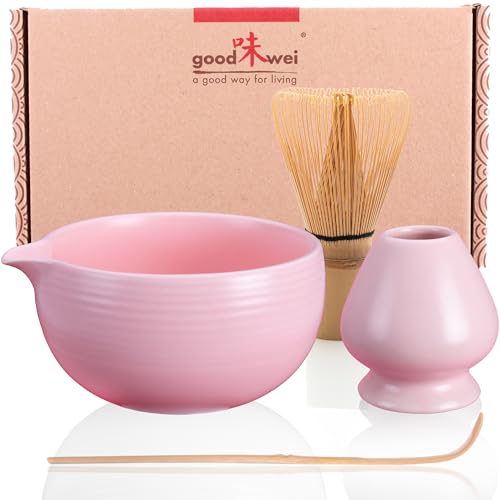 Goodwei Matcha Set mit Matchabesen, Löffel und Matcha Schale mit Besenhalter aus Keramik im passenden Design | Kunstvoll gefertigte Matchaschale Chawan mit Ausgießer, 450 ml (Camellia Pink) von Goodwei