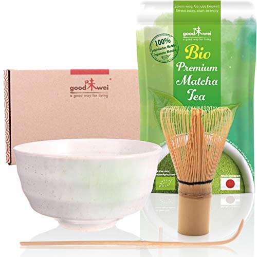 Goodwei Matcha Tee Starter-Set mit Keramikschale 180 ml und japanischem Bio Matcha (Shiro) von Goodwei