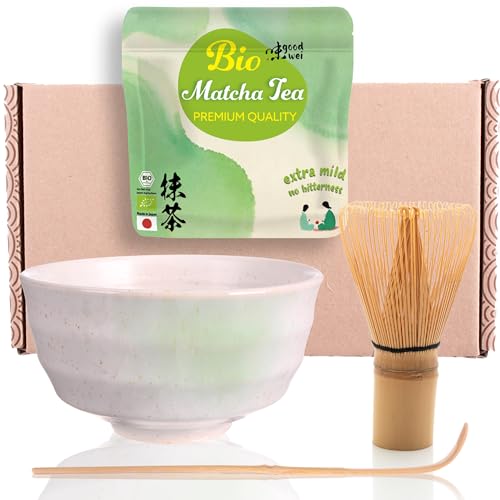 Goodwei Matcha Set mit Matcha Besen, Matcha Schale aus Keramik und BIO Matcha Tee aus Japan | Geschenkset (Shiro) von Goodwei