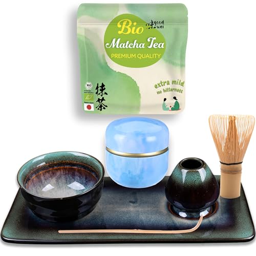 Goodwei Matcha Teeset - 7-tlg. Deluxe Matcha-Set für japanische Teezeremonie komplett mit Teetablett und Teedose (Grün) von Goodwei