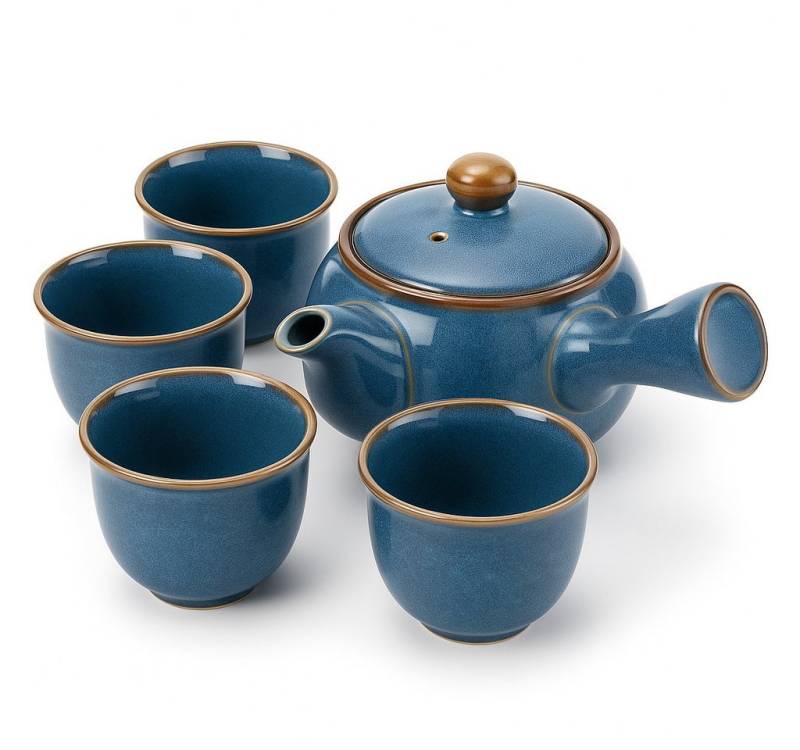 Goodwei Teeservice Japanisches Kyusu Teeset „Umi“ – Seitengriffkanne mit Sieb, 4 Tassen (5-tlg), 4 Personen, Keramik von Goodwei