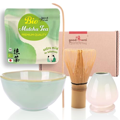 Goodwei BIO Matcha aus Japan im Matcha-Set komplett mit hochwertiger Matcha Schale aus Keramik, Matcha Besen und Besenhalter | Geschenkset für Teezeremonie (Hasunomi) von Goodwei