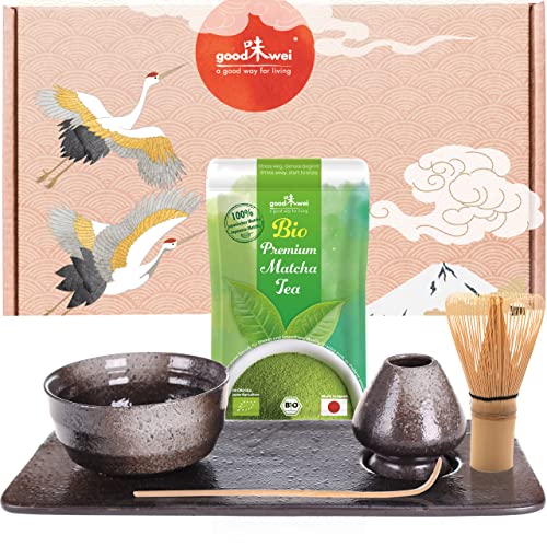 Matcha Set 6-teilig für japanische Teezeremonie - Matcha-Schale, Besenhalter (Chasentate) und Tee-Tablett im passenden Design mit echtem Bio Matcha aus Japan, Bambusbesen und Löffel (Goma) von Goodwei