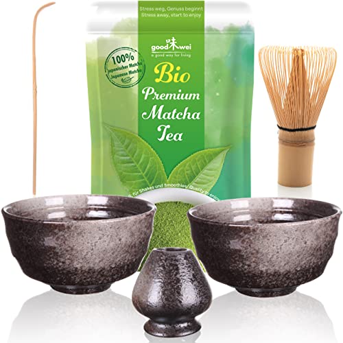 Goodwei Matcha Set Duo mit zwei Matcha Schalen, Matcha Besen. Besenhalter aus Keramik und BIO Matcha Tee aus Japan | Teezeremonie für Zwei (Goma) von Goodwei