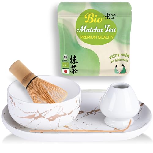Matcha Tee Set mit Besen, Teeschale und Japanischem Bio Matcha Pulver Tee - Marmor Design (Weiß mit Tablett) von Goodwei