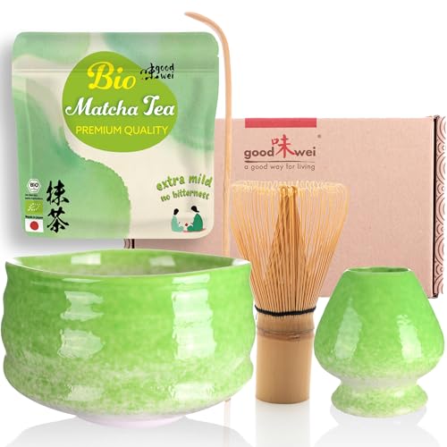 Goodwei BIO Matcha aus Japan im Matcha-Set komplett mit hochwertiger Matcha Schale aus Keramik, Matcha Besen und Besenhalter | Geschenkset für Teezeremonie (Midori) von Goodwei