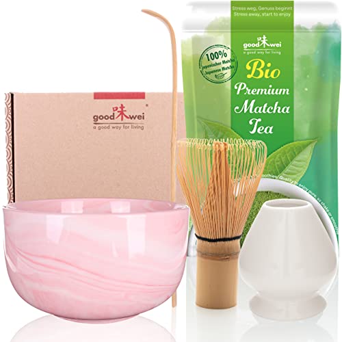 Goodwei Teezeremonie-Set mit hochwertiger Matcha-Schale und echtem Bio Matcha aus Japan (Pinku) von Goodwei