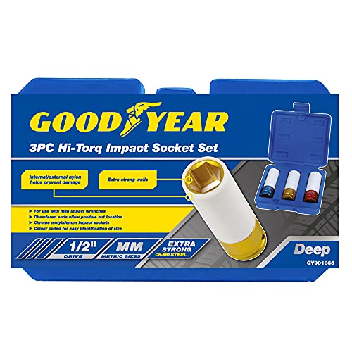 Goodyear Dünnwandige tiefe Schlagmutternüsse für Leichtmetallrad, 1,27 cm (1/2 Zoll), 19 mm (21 mm), Nylon-Kratzschutz für Legierungen, Muttern und Schrauben, 3 Stück von Goodyear