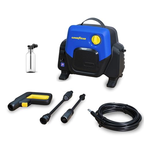 Goodyear - Kompakter Hochdruckreiniger 1400 W 100 Bar 4,5 l/min. Pistole und Turbolanze. Blaue Schlauchtrommel. Auto-Stopp-System. Reinigungsmitteltank 200 ml, Blau von Goodyear