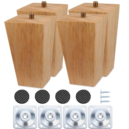 Goomp Möbelfüße Holz 8cm,4 Stück Möbelfüße Holz Eiche Möbelfuß Sofa Beine Beine für Kommode Tischbeine Vierkant Möbelbeine mit Montageplatten Schrauben und Fußpolster für Bett,Sessel,Schrank von Goomp