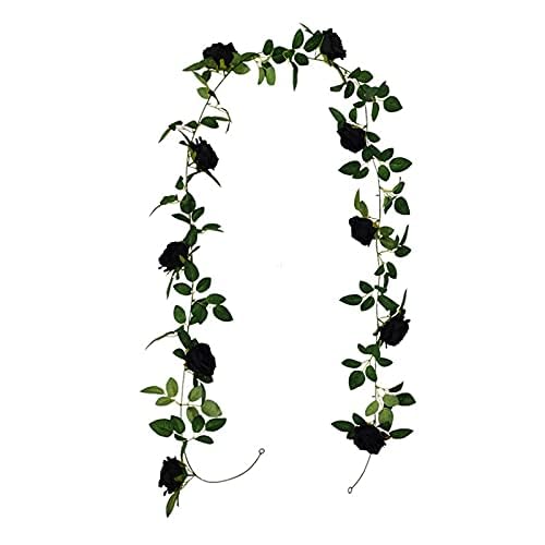 Goosacyon Künstliche schwarze Rosenranke, 2 Stück, hängende Blumengirlande, Eukalyptus-Girlande mit schwarzen Blumen, Erntedankfest, Halloween-Dekoration für Zuhause, Hochzeit, Wand von Goosacyon