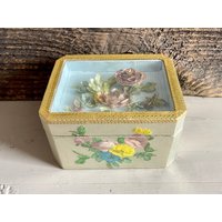 Vintage Gold Holz Schmuckkästchen, Schattenbox Hülle, Florale Schmuckschachtel, Blauer Stoff Innen, Andenken Box, Vanity Box von GoosesTreasureShop