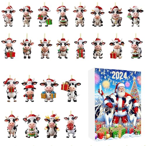 Goowafur Weihnachtsornament Adventskalender, 24 Türchen Hängbare Kuh Deko Countdown Kalender, 2D Acryl Wohnkultur Für Festtage Veranstalter Schulaktivitäten Familienzeit Kinder Pädagogen von Goowafur