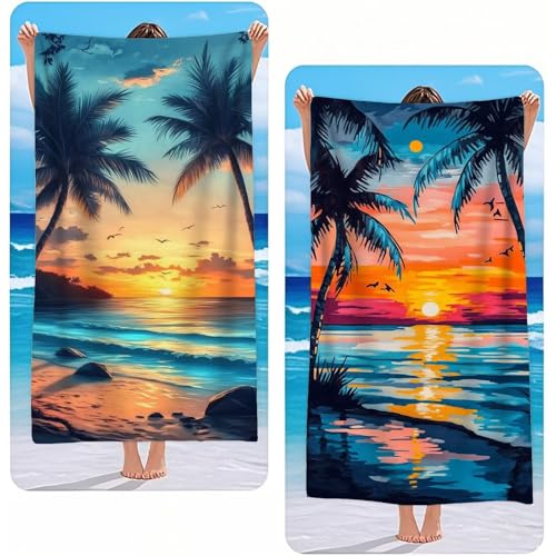 Strandtuch XXL 2er Set Sonnenuntergang Mikrofaser Handtuch Groß 70x140 cm Microfaser Handtücher Kompakt und Sandfest, Chnelltrocknend Saunahandtuch, Reisetuch als Strandlaken, Strand & Pool G-2456 von Gooxehuu